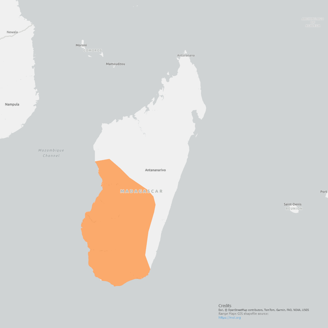 Dumeril's Boa Range Map showing coverage of the Southwest portion of Madagascar