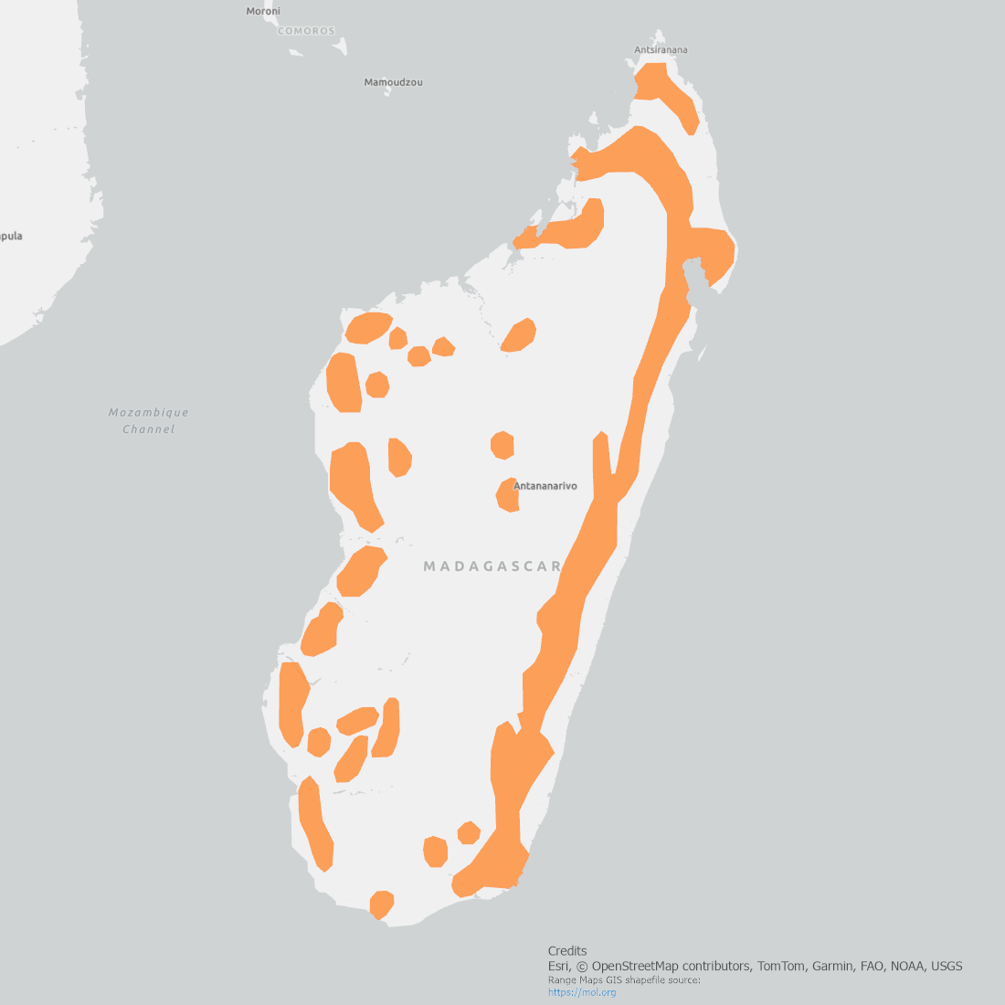 Range map of the Fossa located in Madagascar