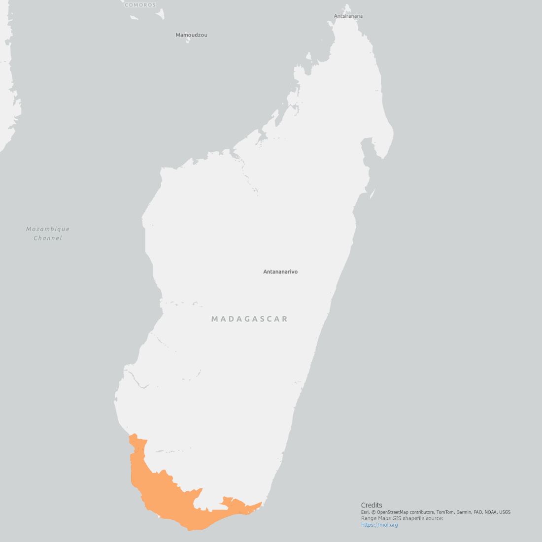 Radiated Tortoise Range Map showing coverage of the southern tip of Madagascar